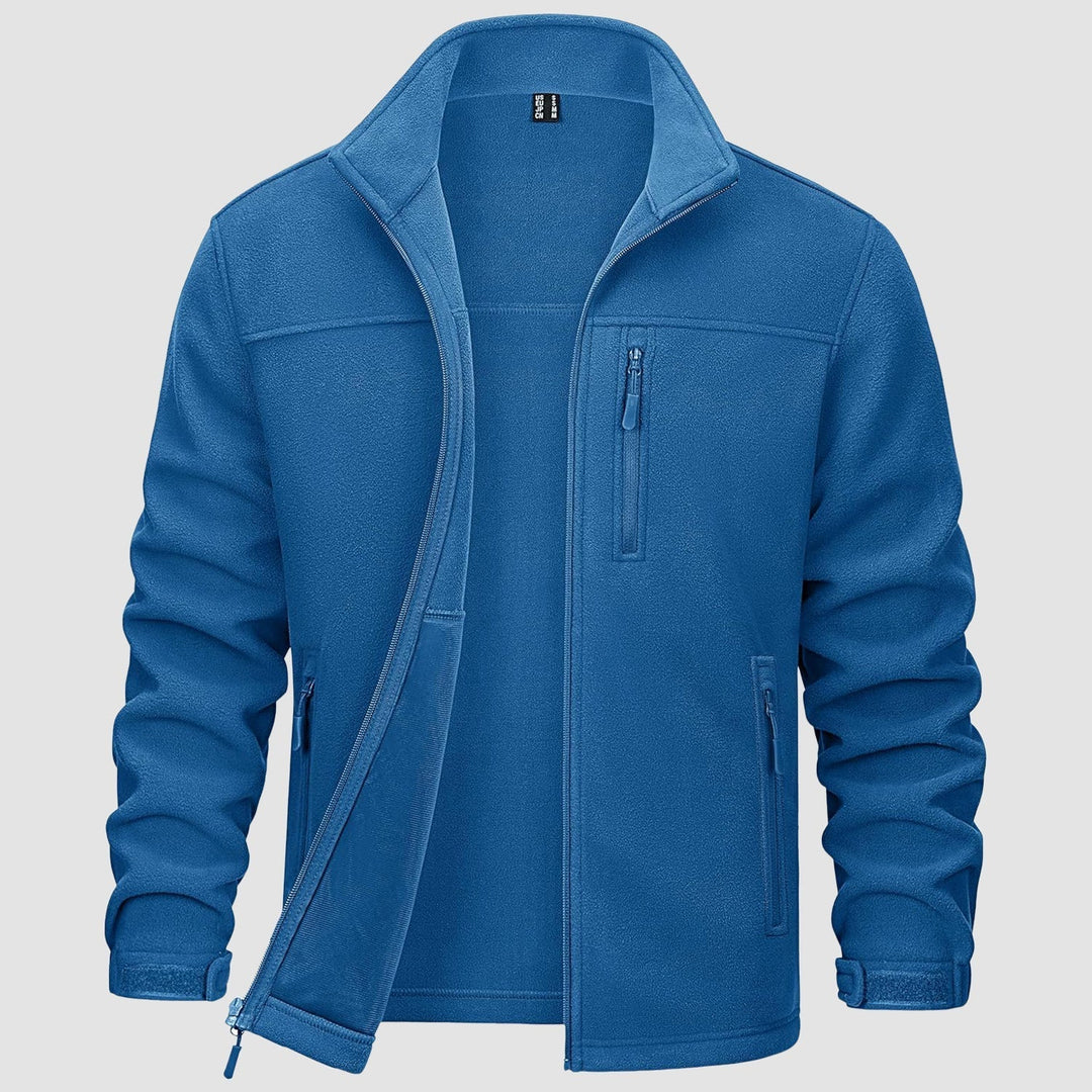 Stylish men's red fleece zip-up jacket, great for winter outdoor activities