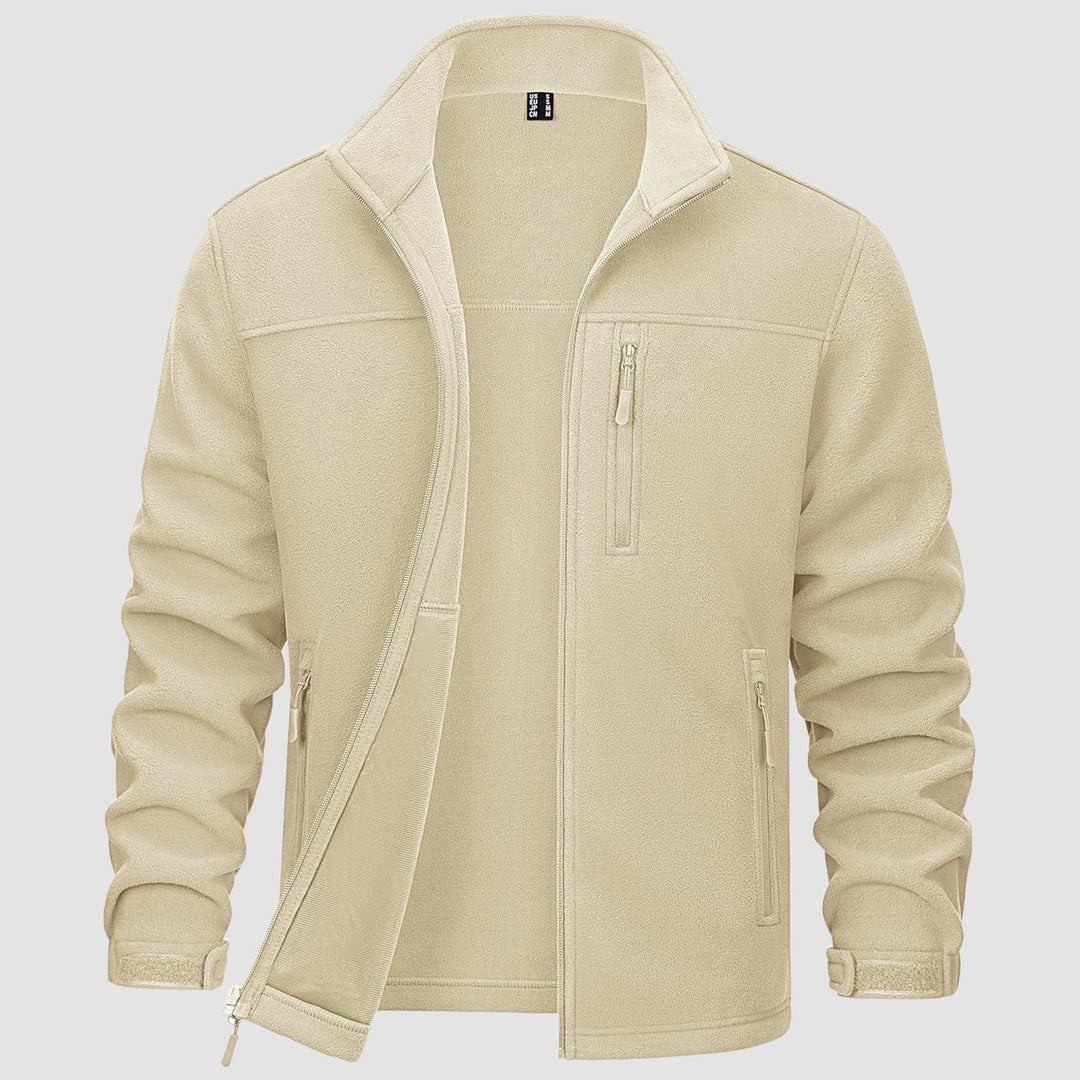 Comfortable men's navy fleece zip-up jacket, warm for cool climates