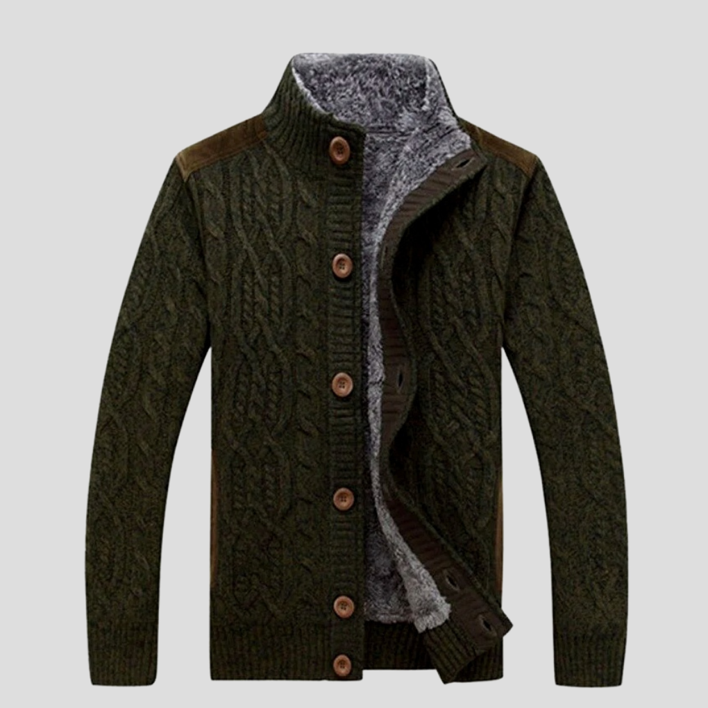 Textured cable knit men's cardigan featuring a classic button-front design for a warm, comfortable, layered look.