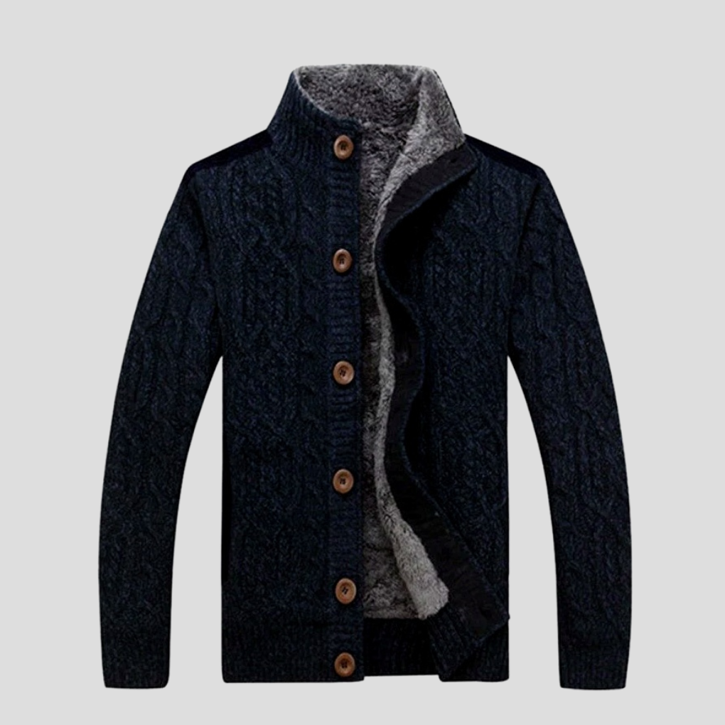 Stylish men's cable knit cardigan. Warm button-down sweater, ideal for winter layering & cold weather.