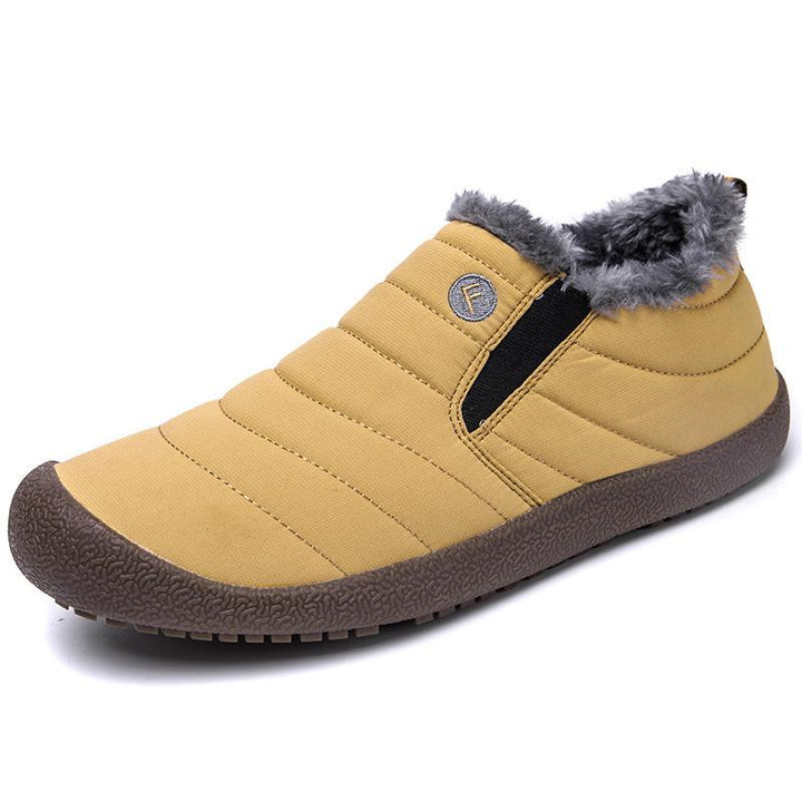 High-angle view of men's snow boots, soft cotton upper and plush faux fur lining