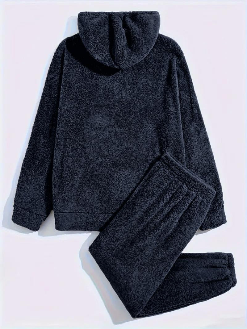 Athletic men's fleece tracksuit with a hoodie & matching pants, ideal for comfort wear.