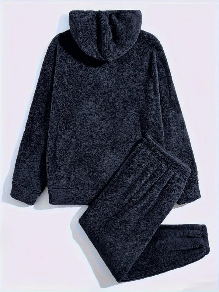 Athletic men's fleece tracksuit with a hoodie & matching pants, ideal for comfort wear.
