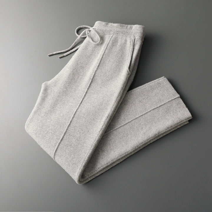 Close-up of the fabric texture of men's cozy merino blend lounge pants, highlighting softness.