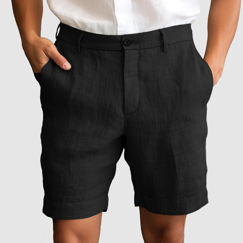 Smart casual men's shorts, featuring a contemporary cuffed hem and flat front design for modern style.