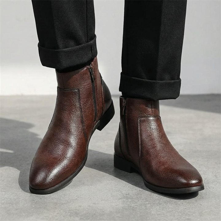 Rugged men's full-grain leather boots in dark brown, built for durability