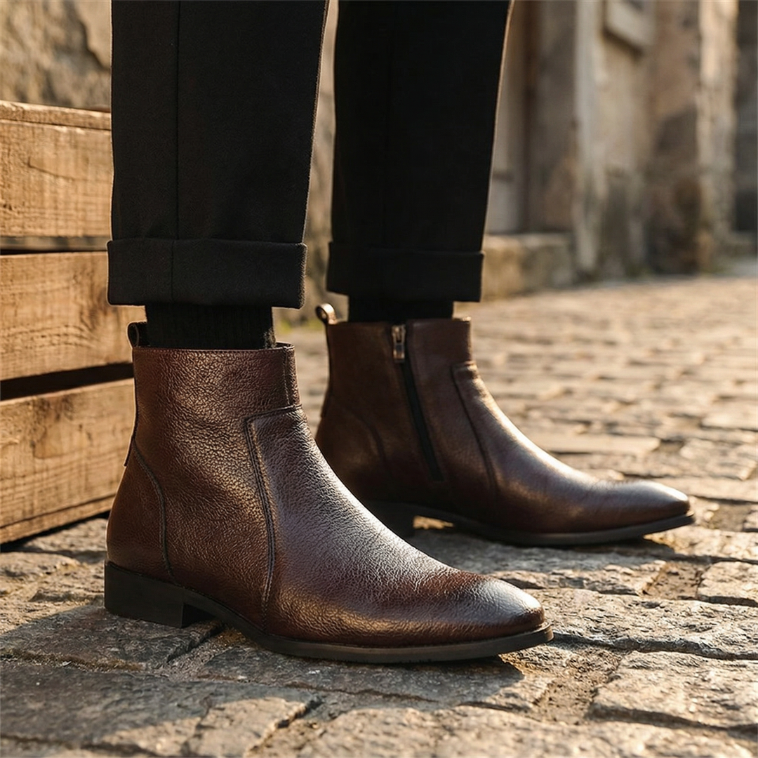 Durable men's casual boots made from dark brown full-grain leather for long-lasting use