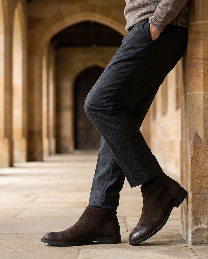 Comfortable men's everyday ankle boots in rich dark brown suede, versatile and fashionable