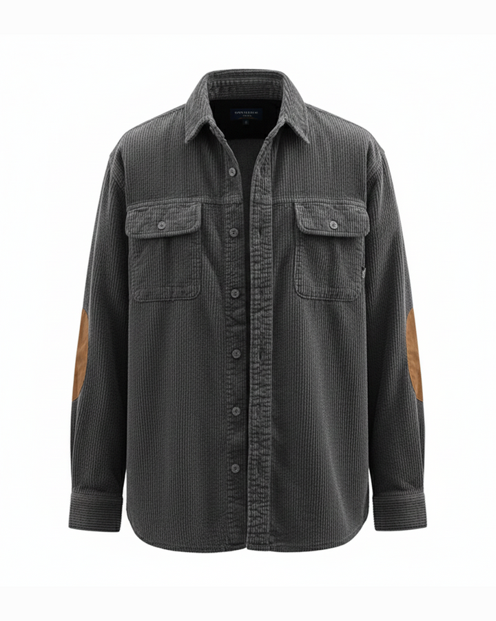 Men's dark gray corduroy button-up shirt, long sleeve, casual workwear style