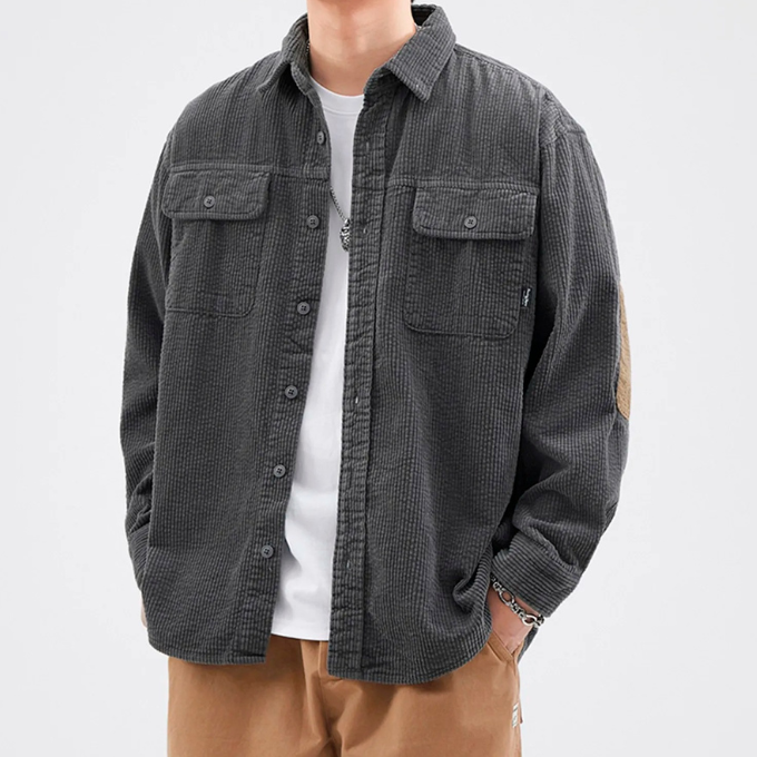 Beige corduroy button-up shirt for men, perfect for casual layering