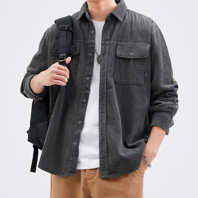 Dark gray men's corduroy button-up shirt, versatile for workwear and everyday use