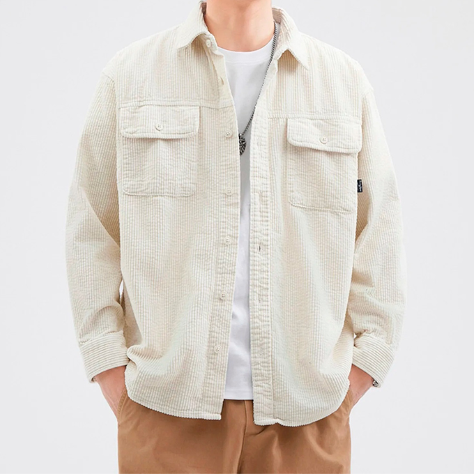 Classic men's beige corduroy button-up shirt, a wardrobe essential