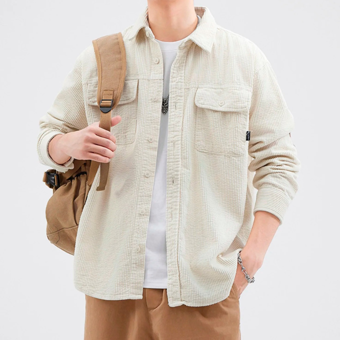 Detailed view of buttons on a men's dark gray corduroy long sleeve shirt