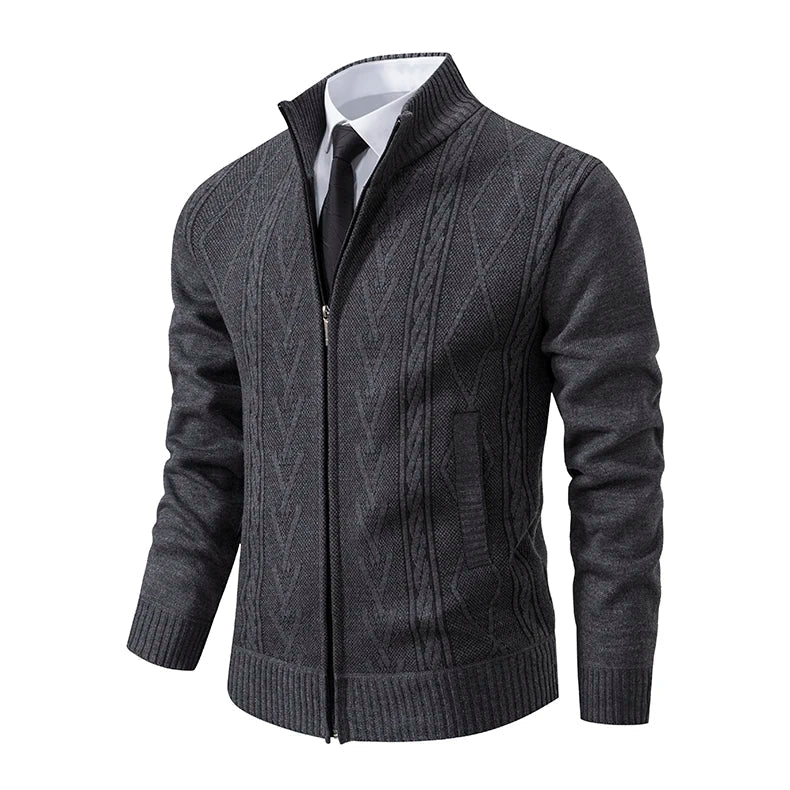 Men's beige cashmere blend quilted knit jacket, side view, ideal layering piece.