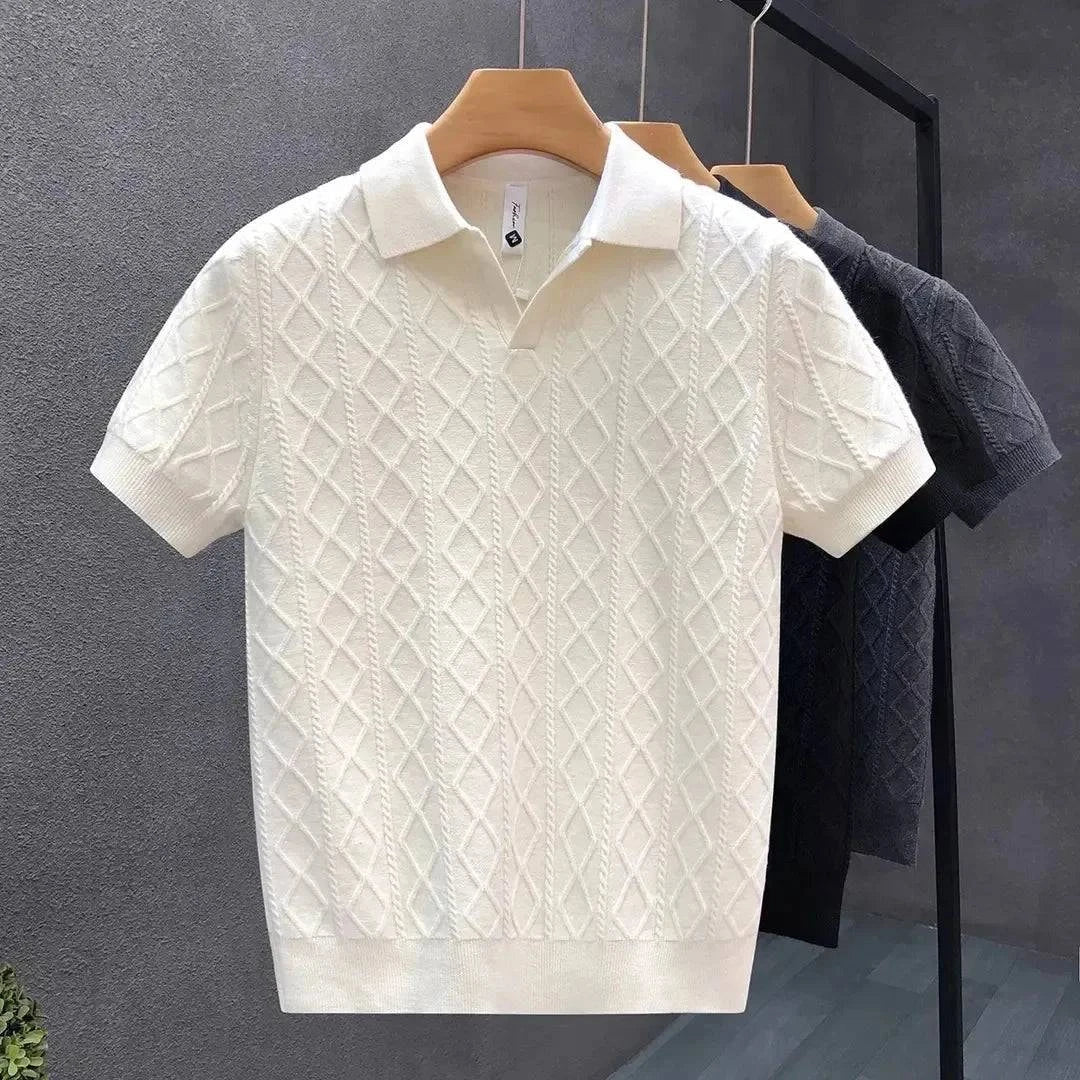 Men's diamond knit polo shirt in premium cotton, offering a soft, textured feel and classic style for refined casual wear.