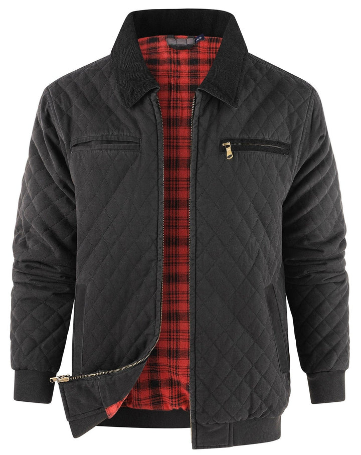Men's diamond quilted bomber jacket with corduroy collar, a stylish casual outerwear piece.