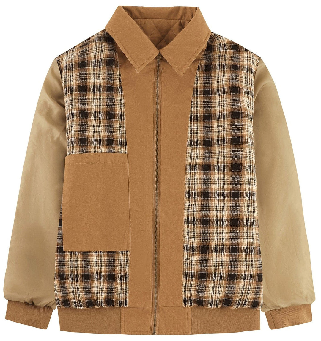 Front view of a men's quilted bomber jacket with corduroy collar and practical zip pockets.
