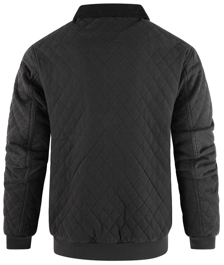 Back view of a men's diamond quilted bomber jacket, showcasing the quilted pattern.