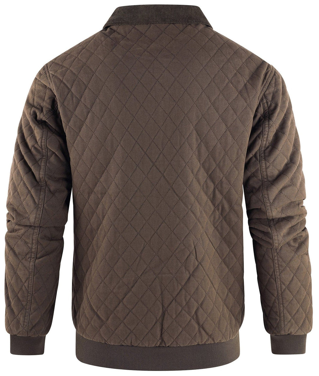 Side profile of a men's stylish quilted bomber jacket with a comfortable corduroy collar.