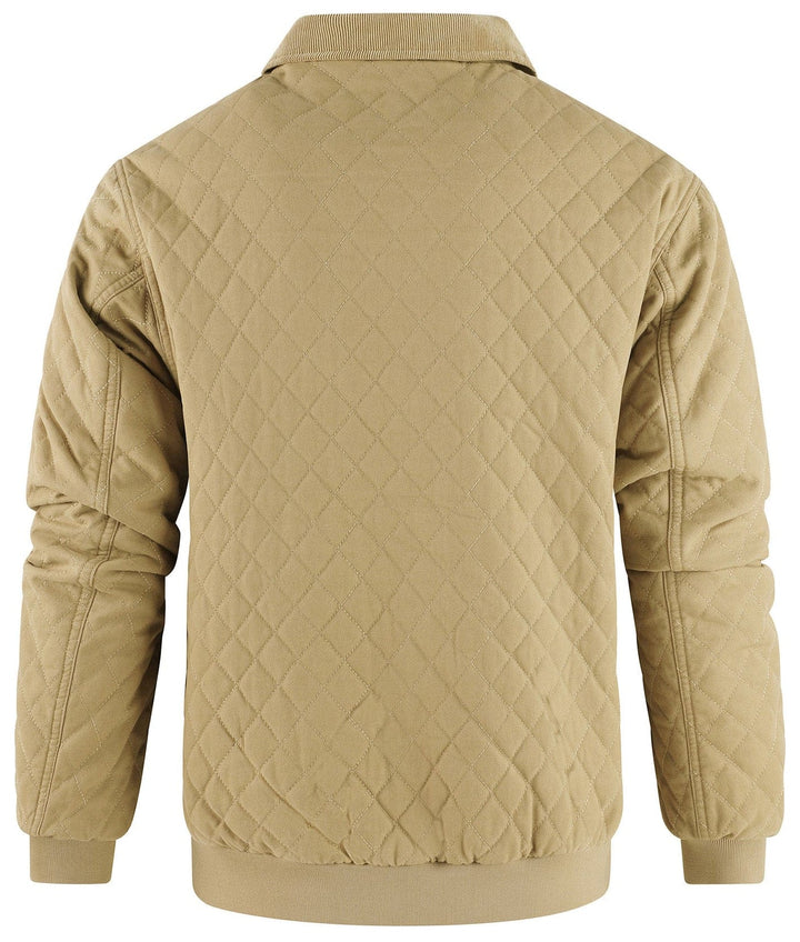 Fashionable men's quilted bomber jacket with a contrasting corduroy collar.