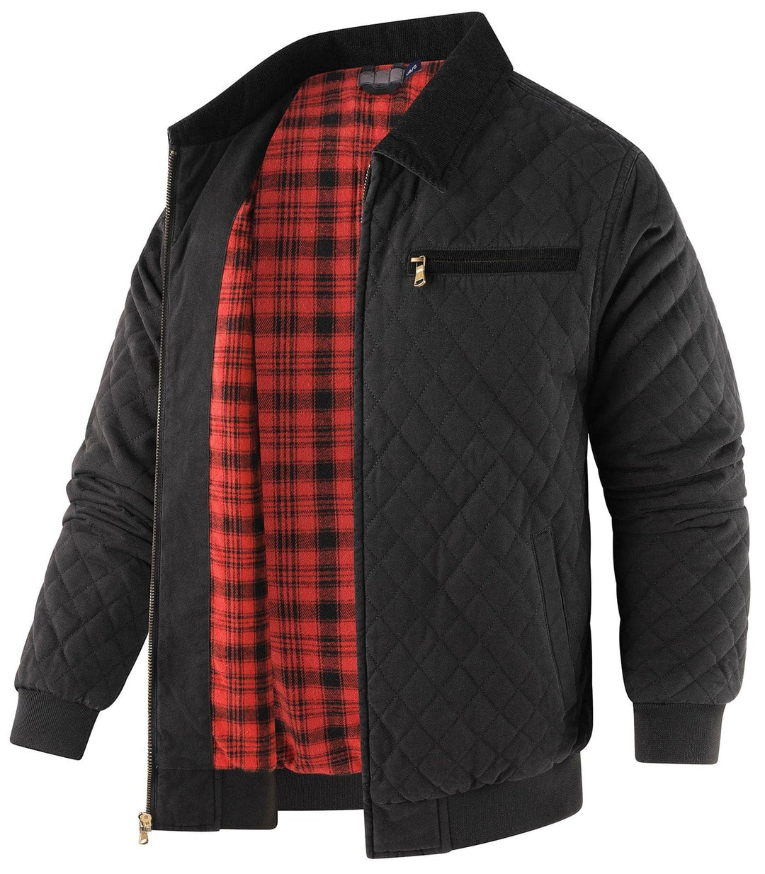 Men's casual outerwear: a diamond quilted bomber jacket with a refined corduroy collar.