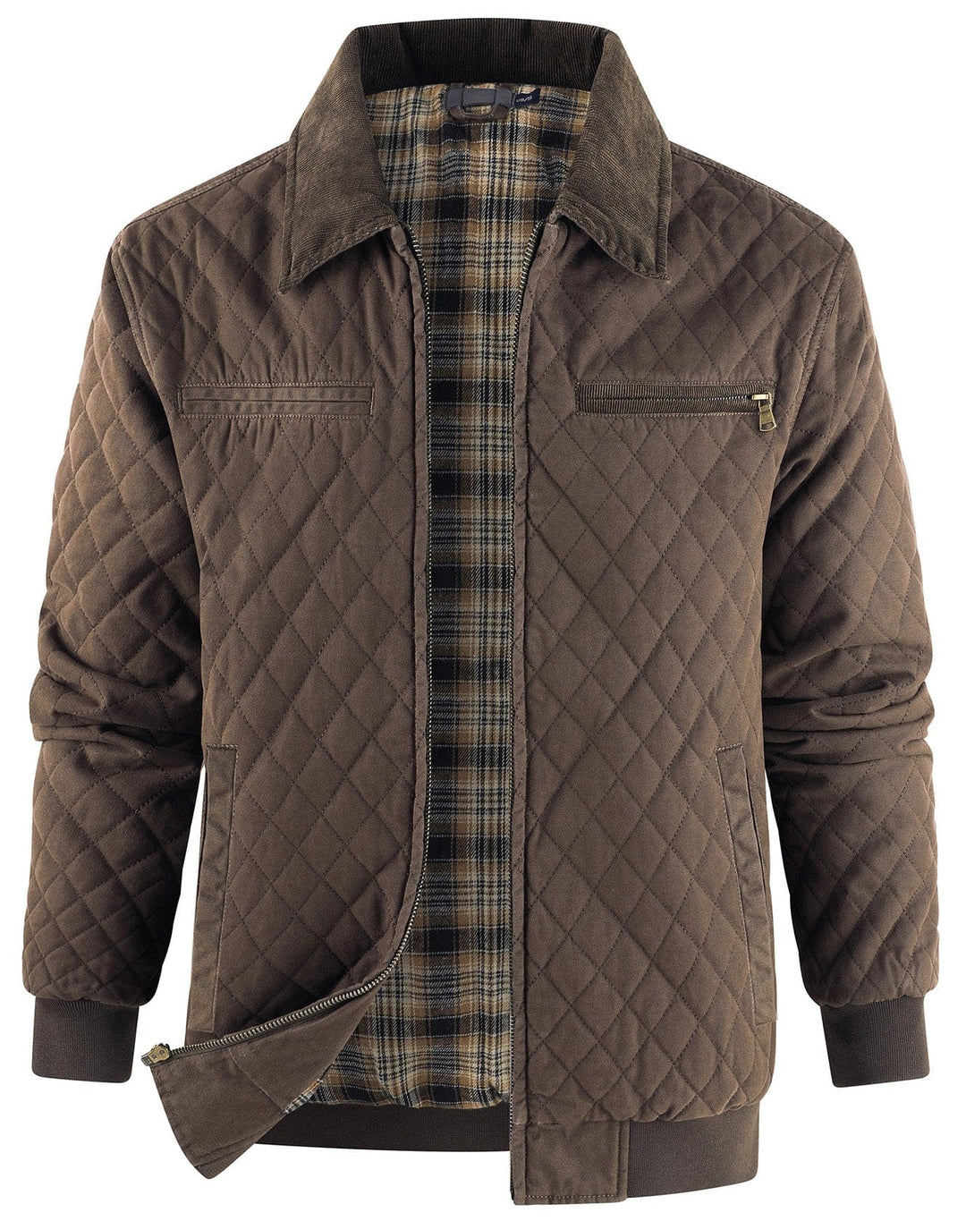 Classic men's quilted bomber jacket featuring a sophisticated corduroy collar and zip pockets.