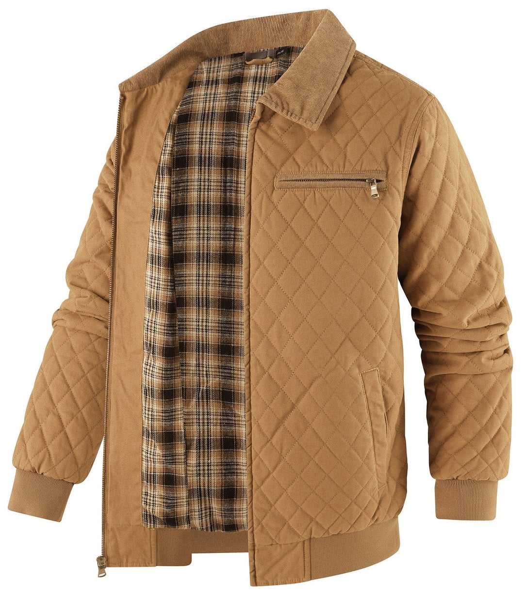 Practical men's quilted bomber jacket with secure zip pockets and a corduroy collar.