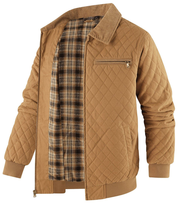 Practical men's quilted bomber jacket with secure zip pockets and a corduroy collar.