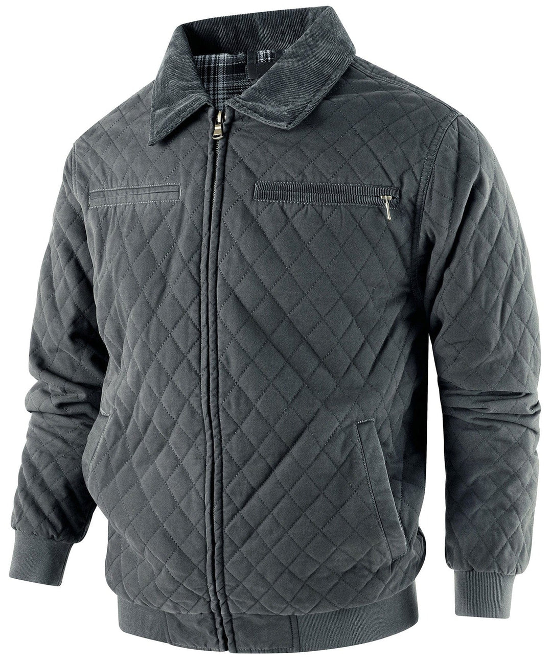 Men's outerwear: a premium diamond quilted bomber jacket with a distinctive corduroy collar.