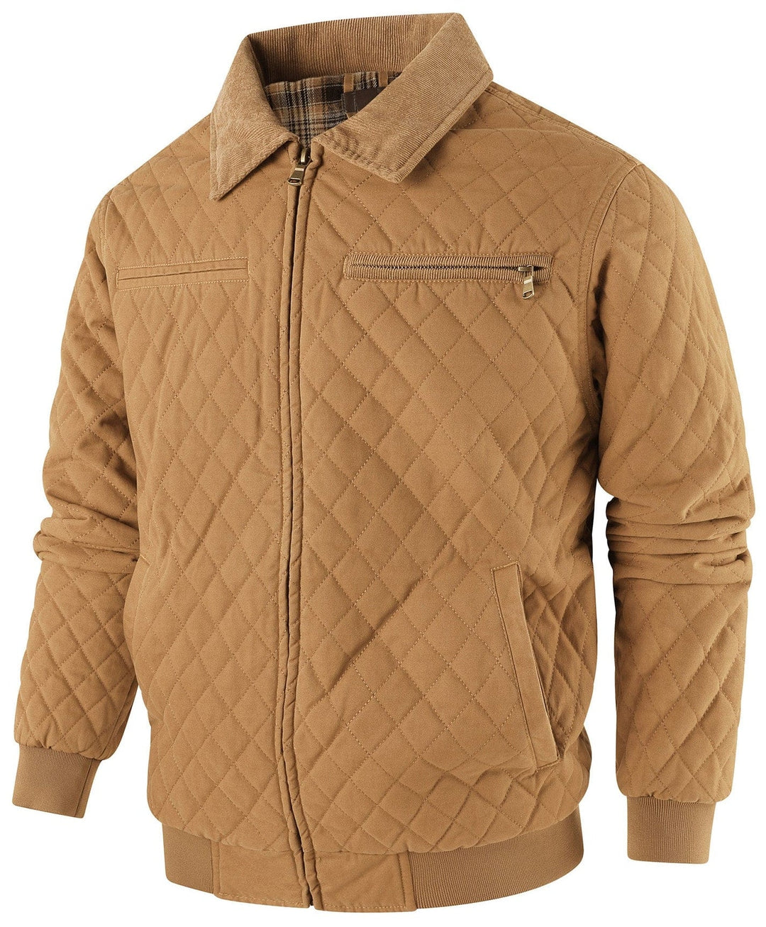 Men's fall fashion: a diamond quilted bomber jacket with a warm corduroy collar.