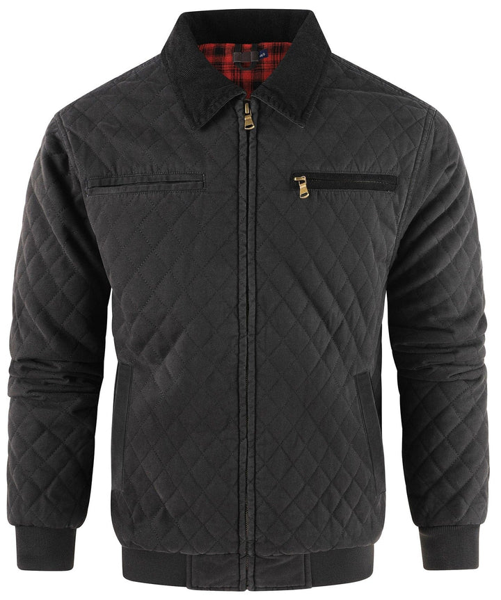 Modern men's quilted bomber jacket, featuring an intricate diamond pattern and corduroy collar.