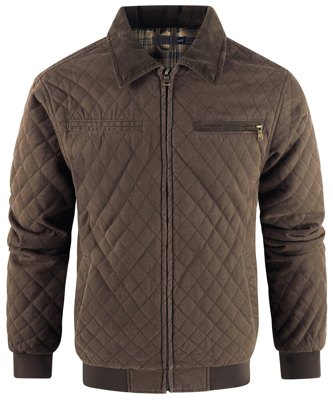 Stylish men's apparel: a diamond quilted bomber jacket with a comfortable corduroy collar.