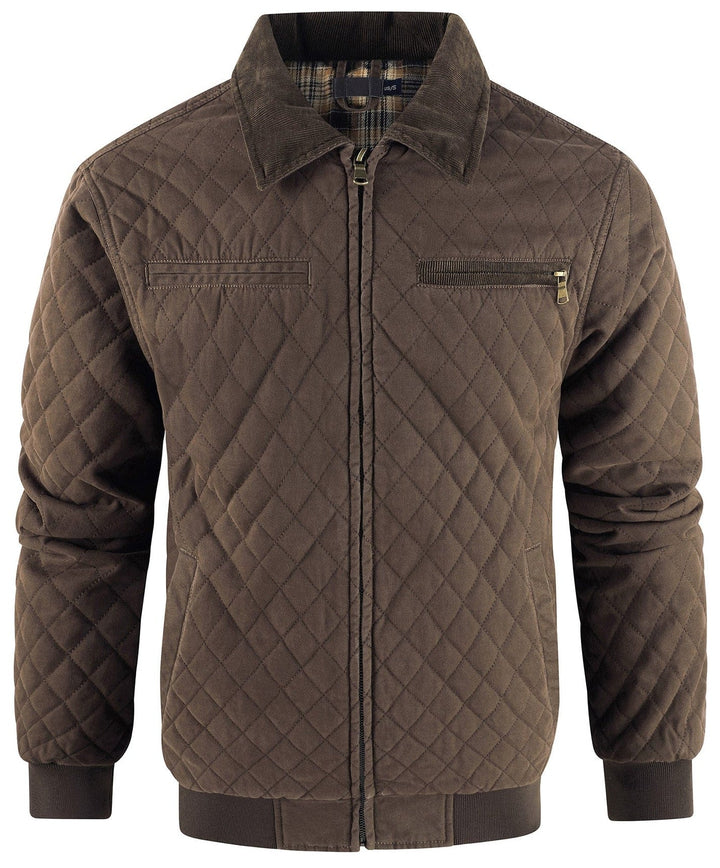 Stylish men's apparel: a diamond quilted bomber jacket with a comfortable corduroy collar.