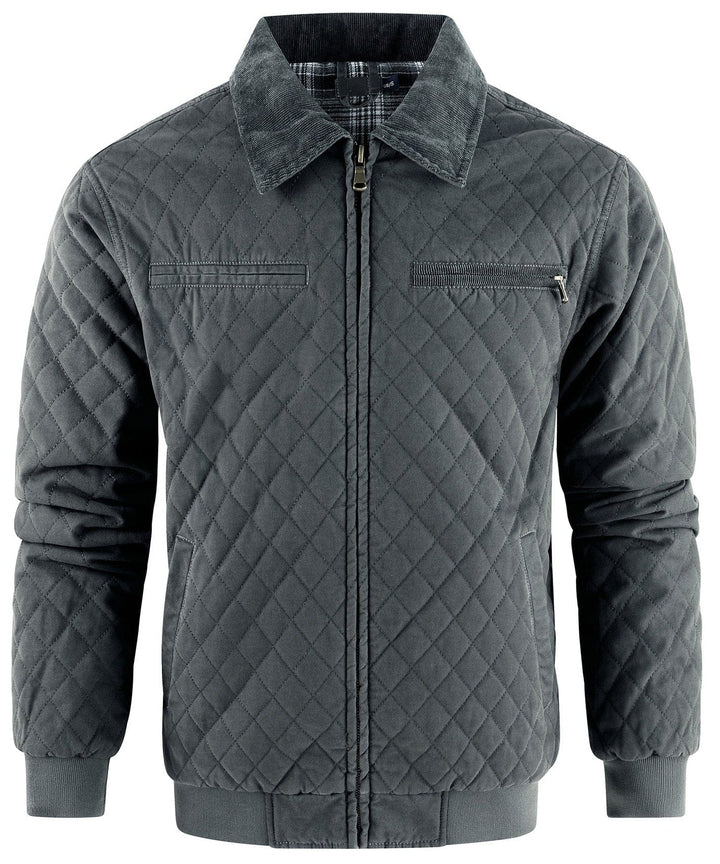 Classic men's diamond quilted bomber jacket with a corduroy collar, a timeless piece.