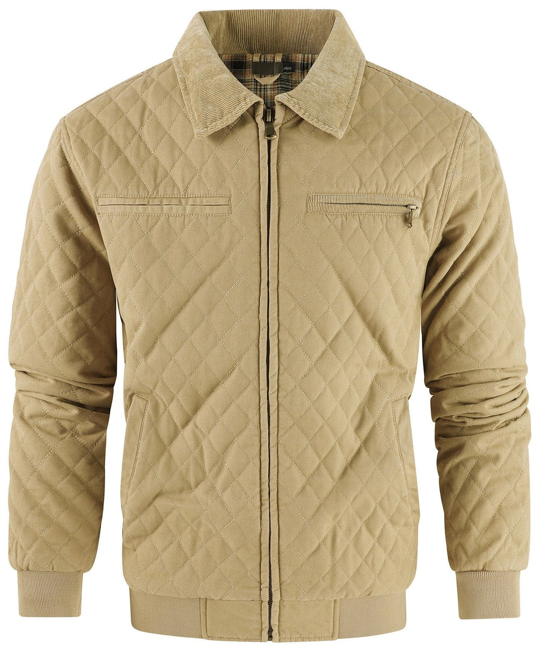 Men's casual bomber jacket, diamond quilted and finished with a stylish corduroy collar.