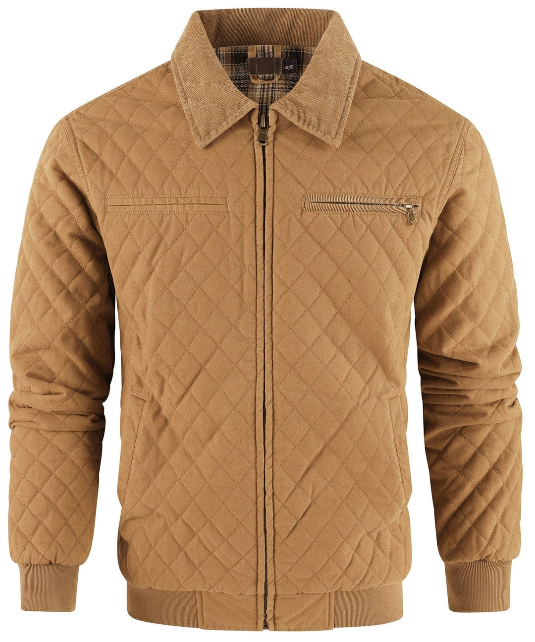 High-quality men's diamond quilted bomber jacket, designed with a contrasting corduroy collar.