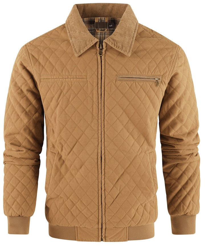 High-quality men's diamond quilted bomber jacket, designed with a contrasting corduroy collar.