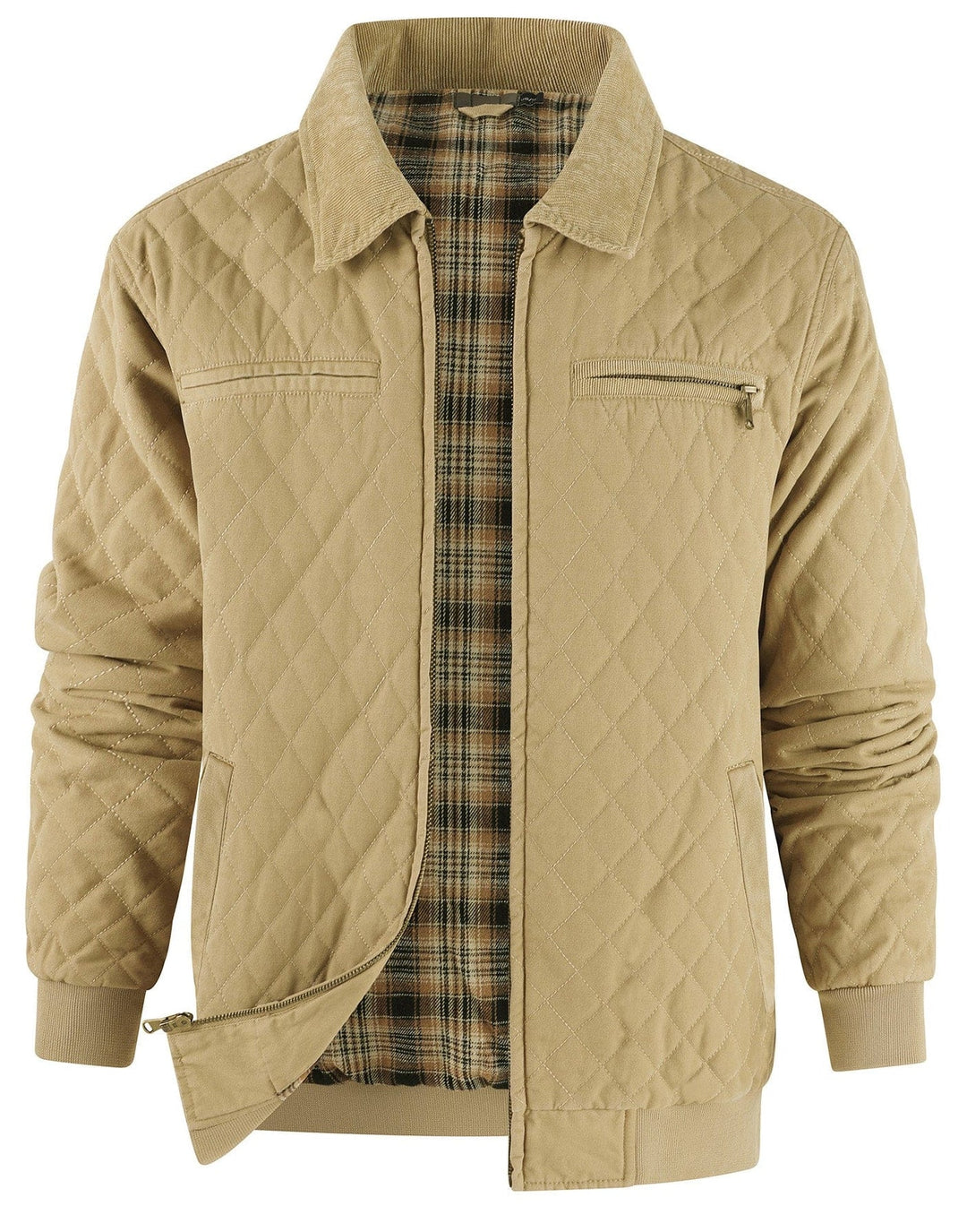 Stylish men's jacket with diamond quilting and a distinctive corduroy collar for fall fashion.