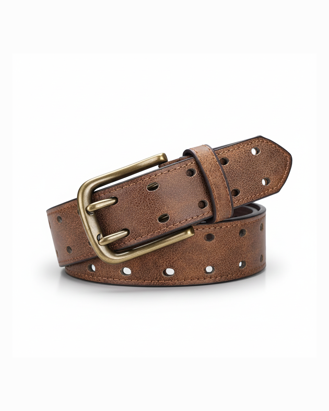 Men's distressed brown leather belt with perforated design, rugged casual style for jeans or workwear.