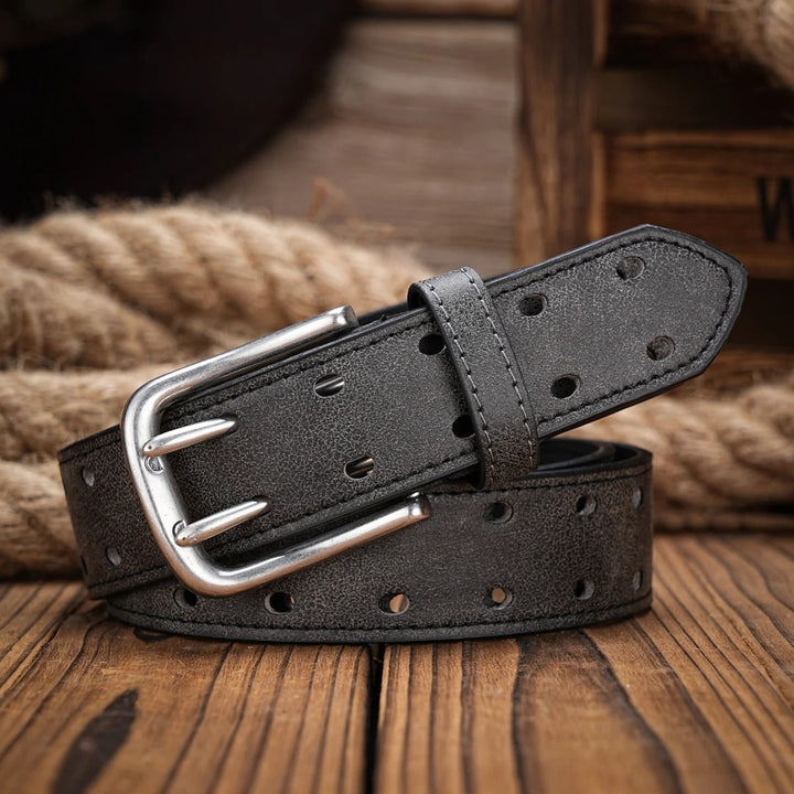 Back view of a men's rugged distressed dark brown leather belt, showing the perforated design's consistency.
