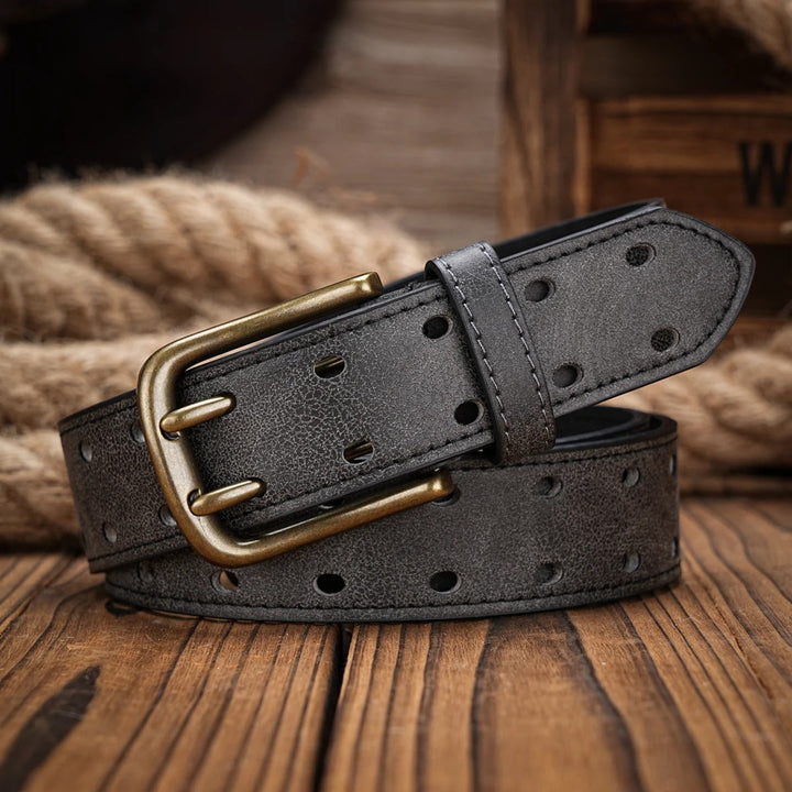Men's black distressed leather belt with a subtle perforated pattern, ideal for a casual and stylish look.