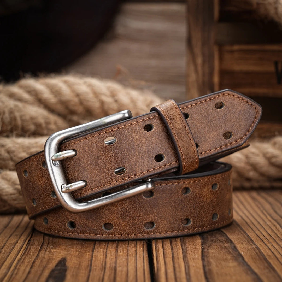 Casual men's distressed brown leather belt, featuring an aesthetic perforated pattern and a sturdy buckle.