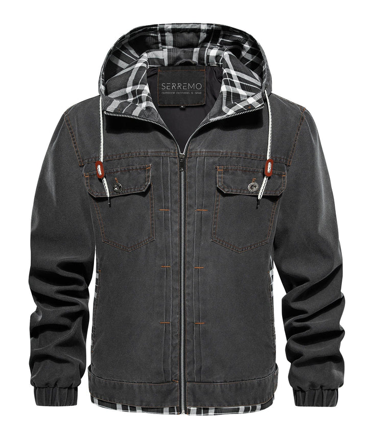 Back view of men's distressed canvas urban jacket in grey, perfect for casual wear