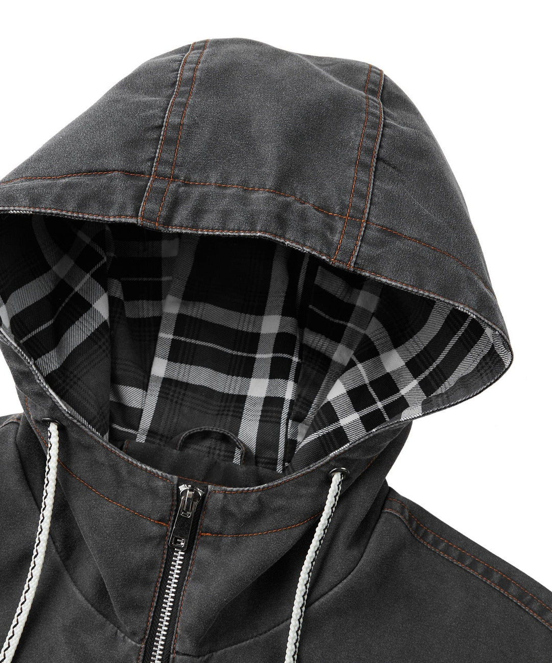 Side profile of men's urban jacket, grey canvas with a comfortable plaid hood