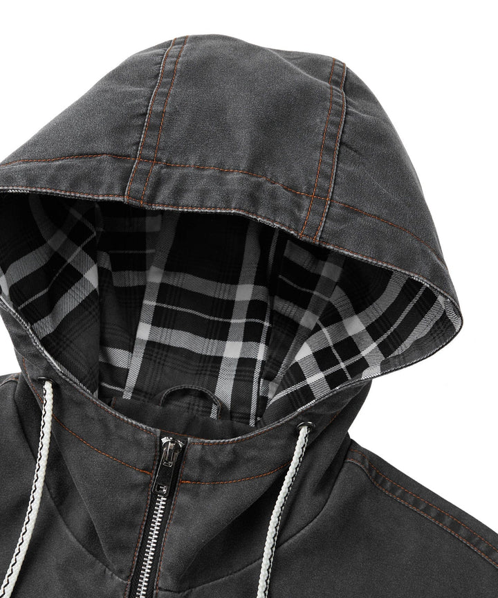 Side profile of men's urban jacket, grey canvas with a comfortable plaid hood
