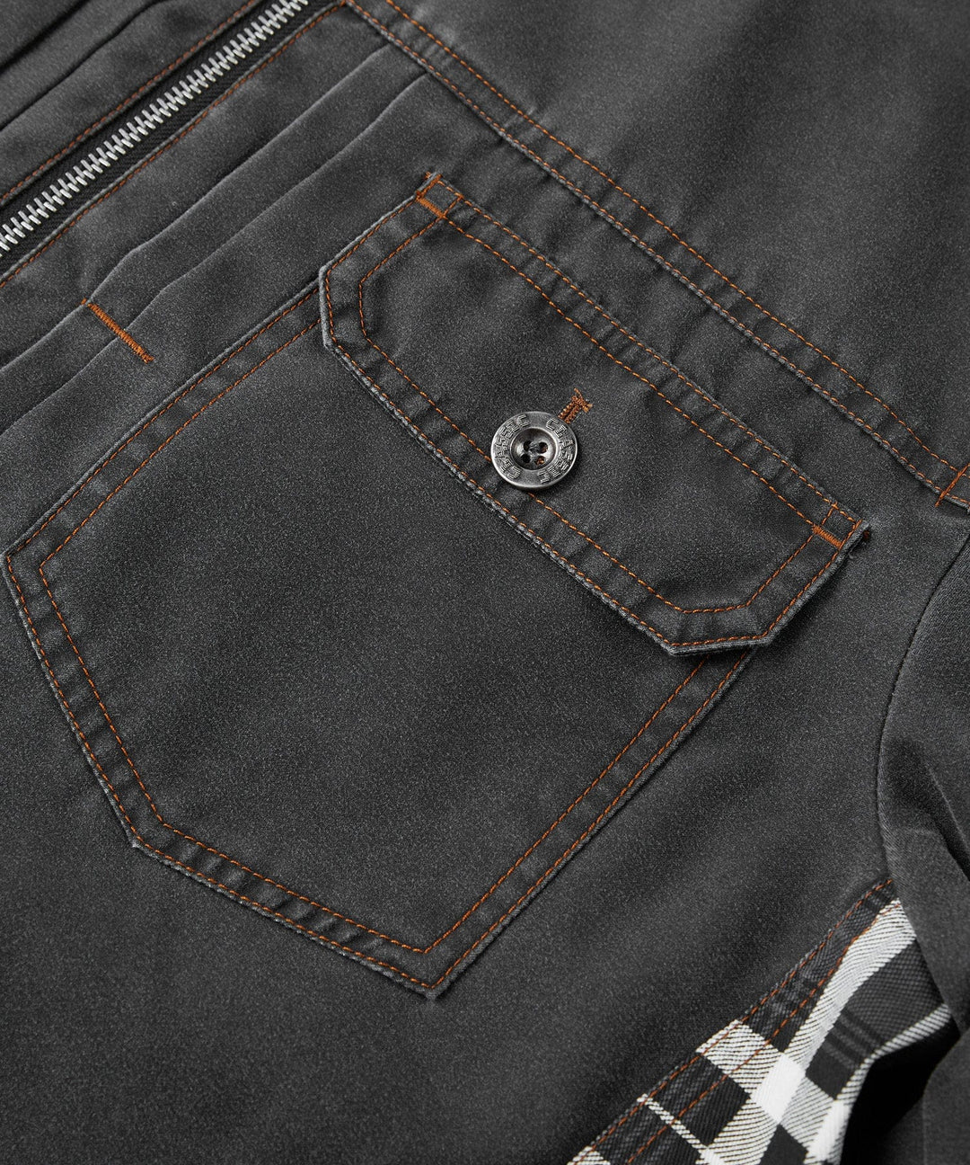 Detail shot of the plaid hood on the men's grey canvas distressed jacket