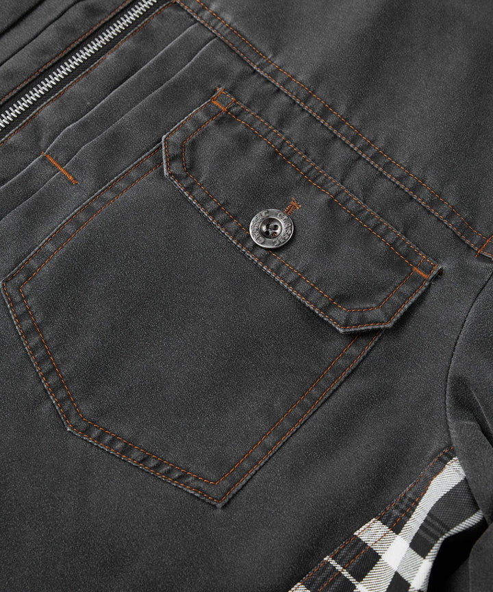 Detail shot of the plaid hood on the men's grey canvas distressed jacket
