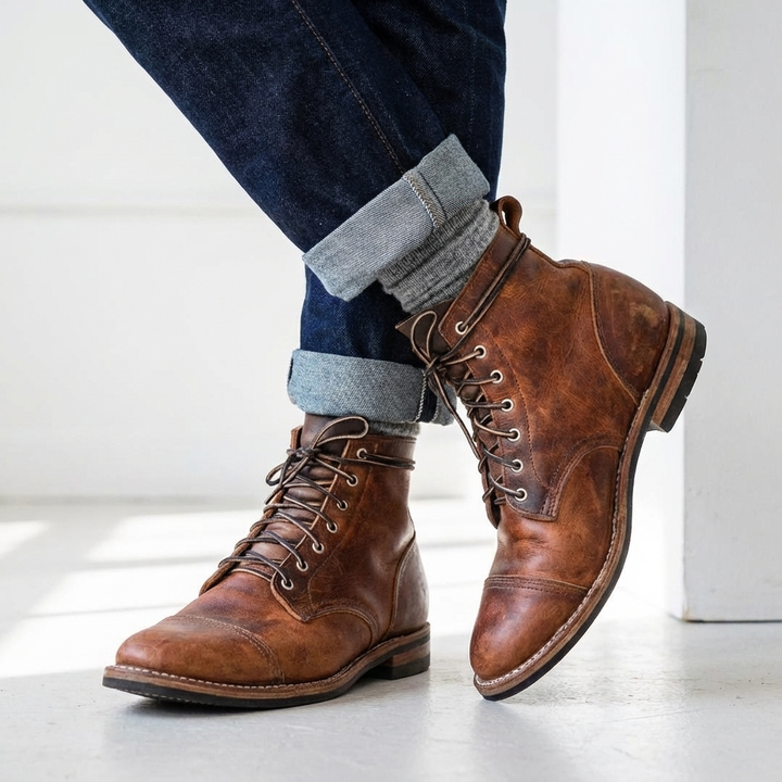 Men's distressed dark brown lace-up cap toe ankle boots for rugged casual style.