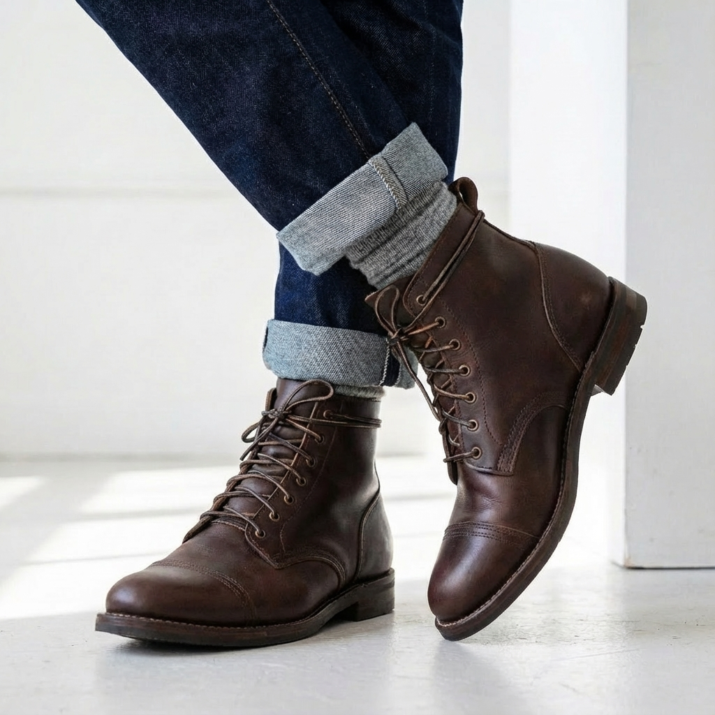 Distressed leather men's ankle boots with lace-up closure & cap toe; perfect for a rugged, casual look.