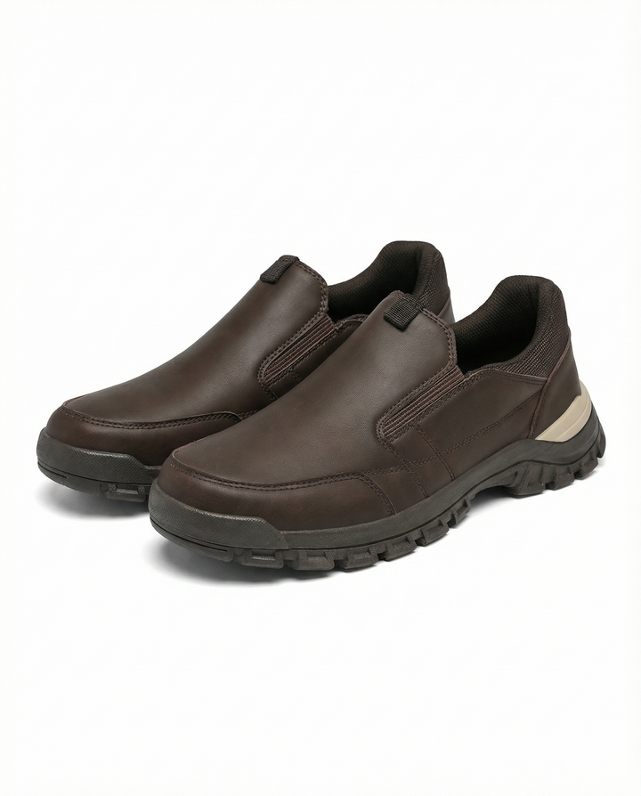 Men's durable black leather slip-on loafers, perfect for casual or work wear.